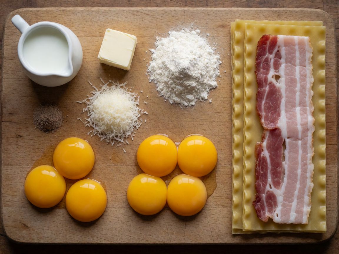 Carbonara Lasagne — ingredients: Milk, Butter, Plain flour, Egg yolk, Pecorino Romano, Salt