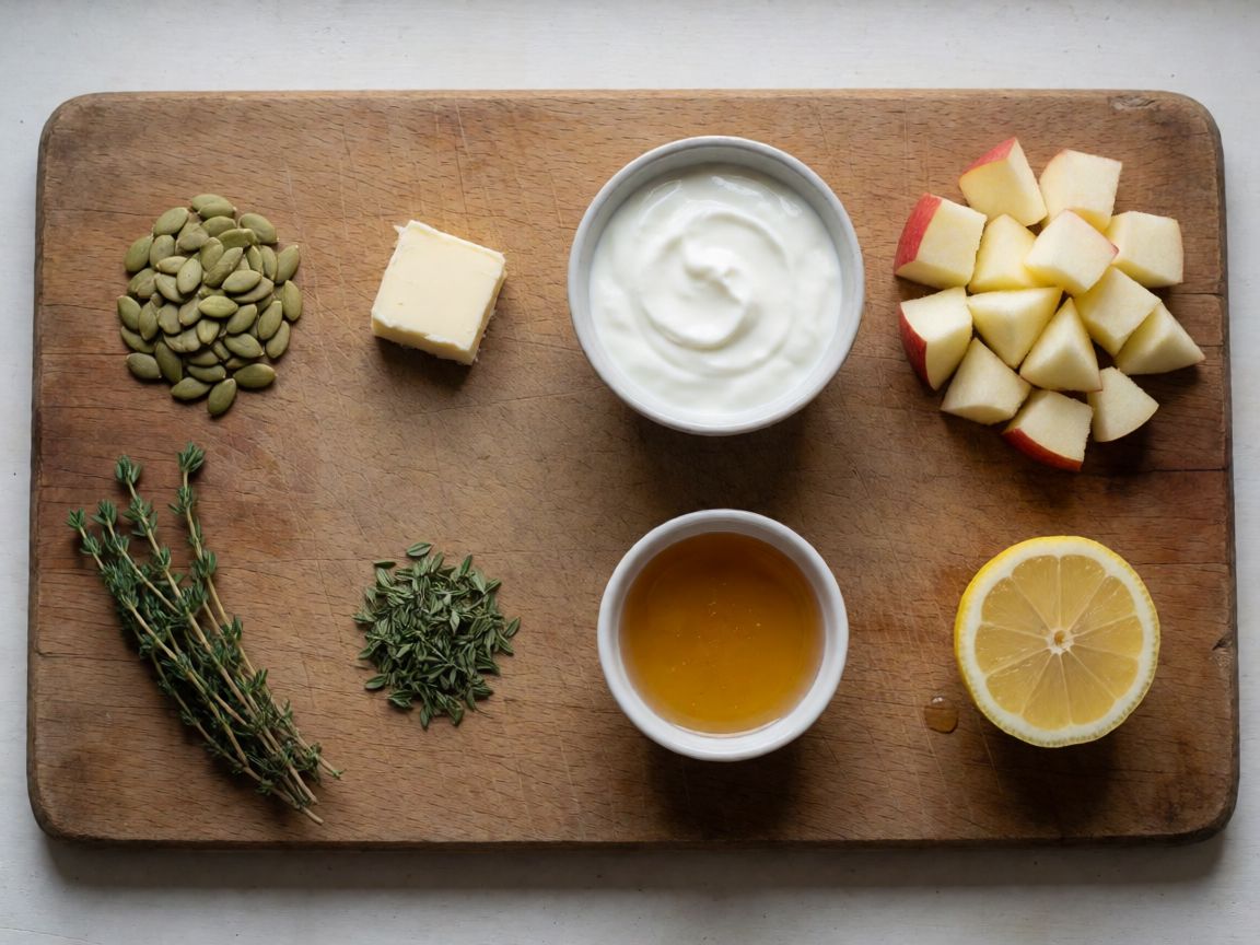 Hokkaido Pumpkin Soup — For the topping (ingredients): Pumpkin seeds, Butter, Greek yogurt, Apple, Thyme, Honey