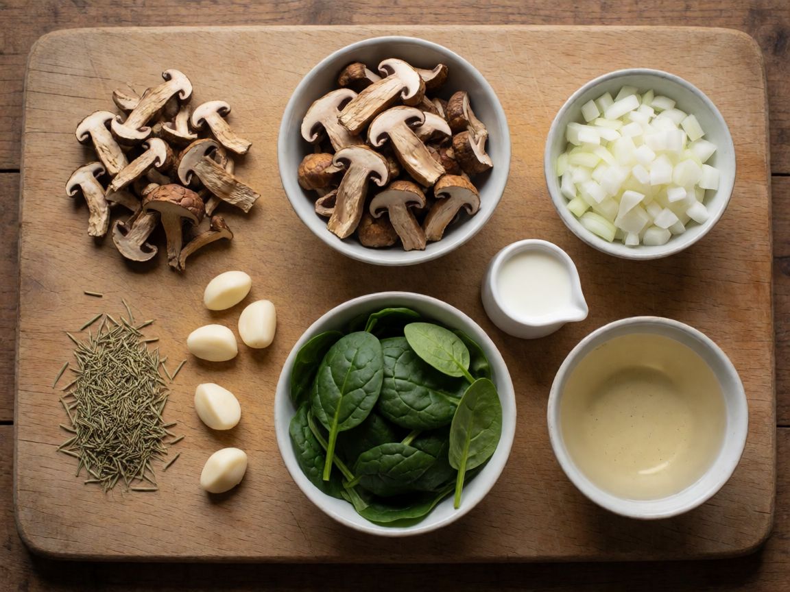 Mushroom Lasagne — ingredients: Dried porcini mushrooms, Mushrooms, Onion, Garlic, Dried rosemary, Spinach