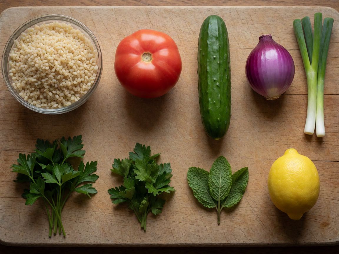 Pita farcida amb carn especiada i amanida de búlgur — Amanida de búlgur (ingredients): Búlgur, Tomàquet, Cogombre, Ceba