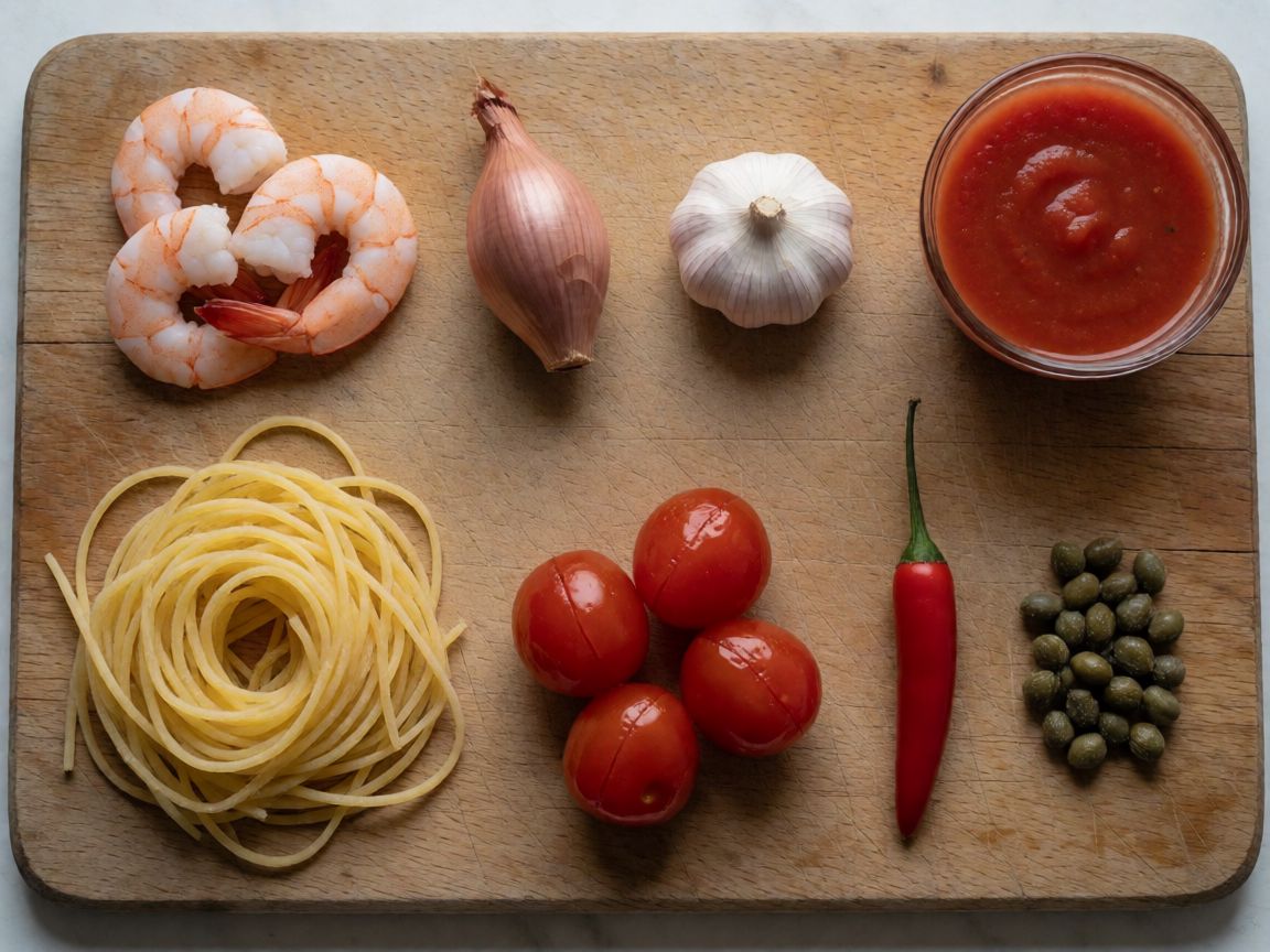 Paste cu creveți — ingrediente: Spaghete, Creveți, Șalotă, Usturoi, Ulei de măsline, Passata de roșii
