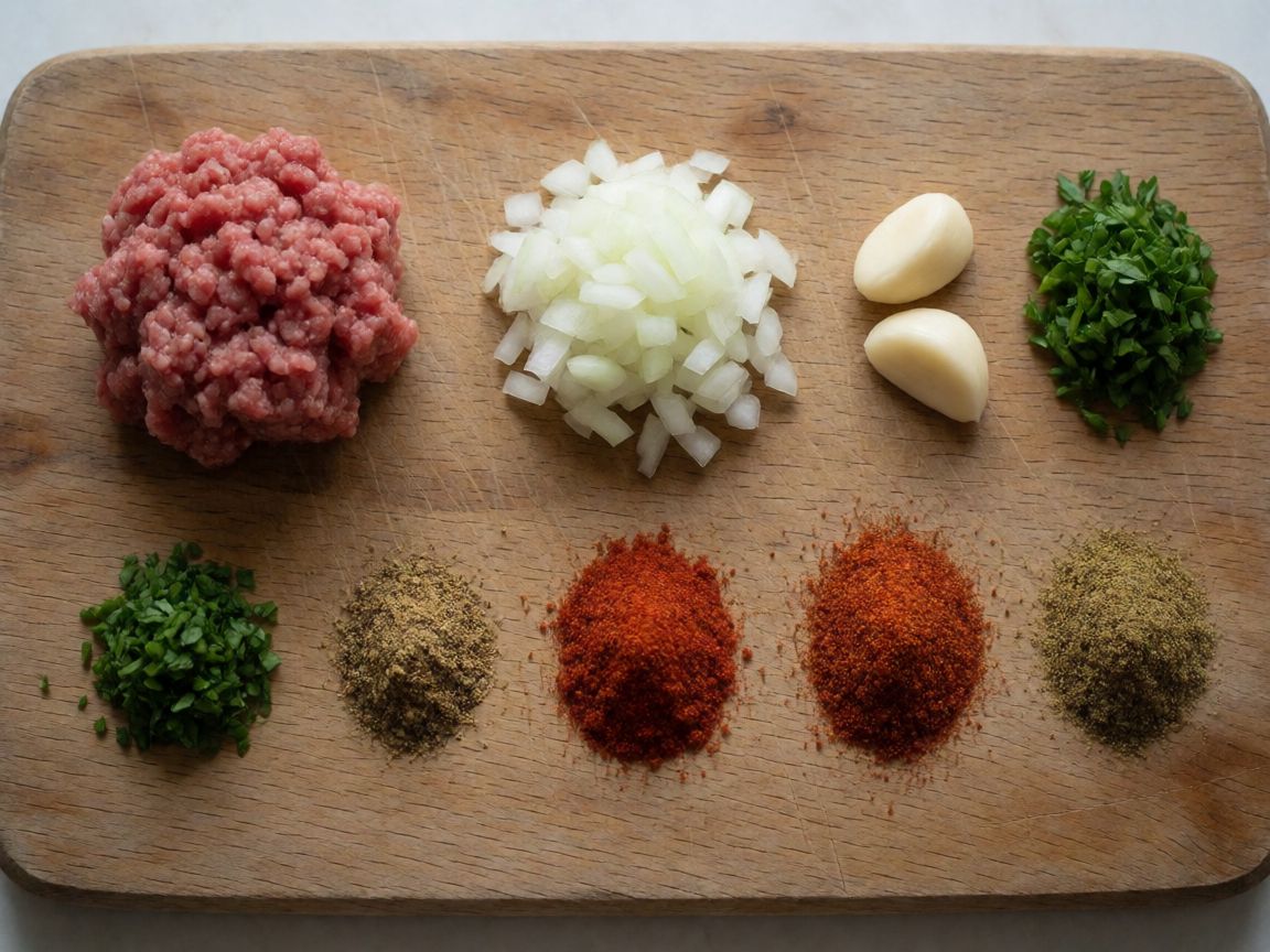 Pita farcida amb carn especiada i amanida de búlgur — ingredients: Carn picada de vedella, Ceba, All, Julivert, Comí, Pebre