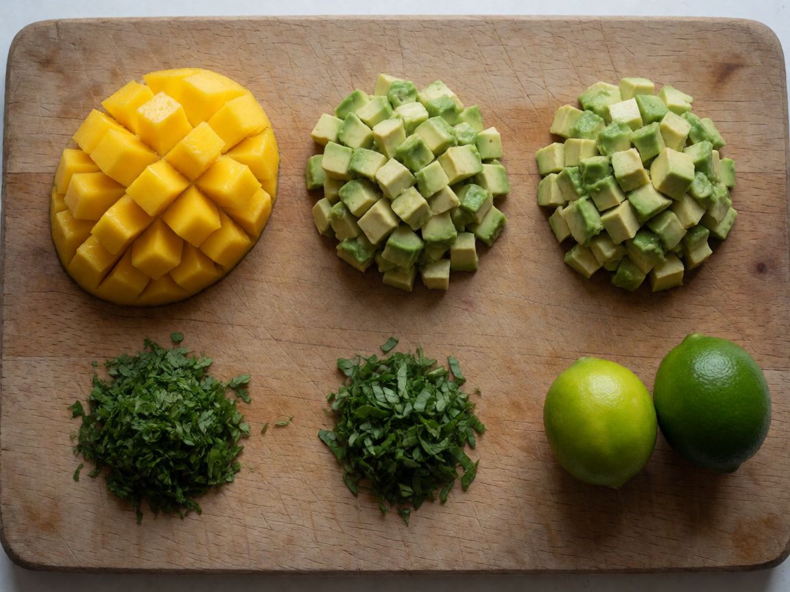 Fried Beef Burritos — Mango salsa (ingredients): Mango, Avocado, Coriander, Basil, Lime, Salt