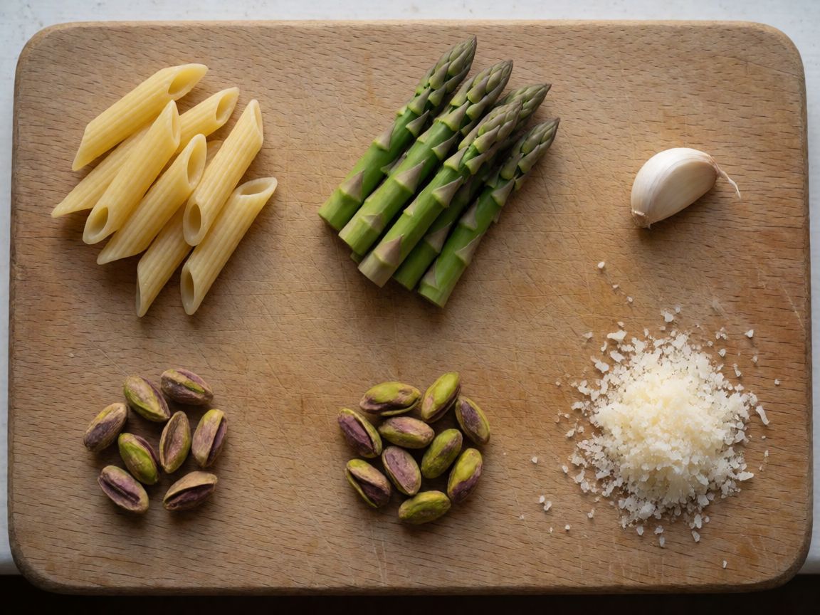 Penne med aspargescreme — ingredienser: Penne, Asparges, Olivenolie, Hvidløg, Pistacienødder, Pecorino Romano