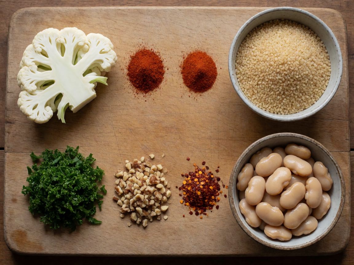 Cauliflower with Butter Beans in Mustard Dressing — ingredients: Cauliflower, Smoked paprika, Paprika, Bulgur wheat, Kale