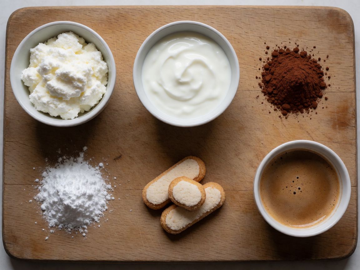 Тірамісу без маскарпоне — інгредієнти: Рікота, Йогурт, Цукрова пудра, печиво савоярді, Кава, Какао-порошок