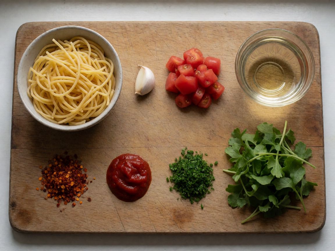 Spaghetti al sugo di polpo e pomodorini — інгредієнти: Макарони, Часник, Помідор, пластівці чилі, Томатна паста, Оливкова