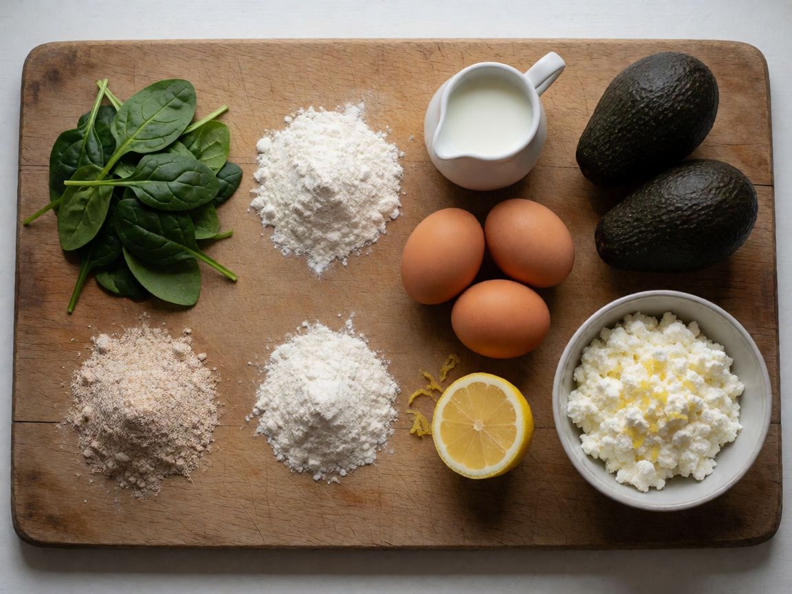 Pancakes with Spinach, Salmon and Avocado — ingredients: Spinach, Plain flour, Wholemeal flour, Eggs, Milk, Black pepper