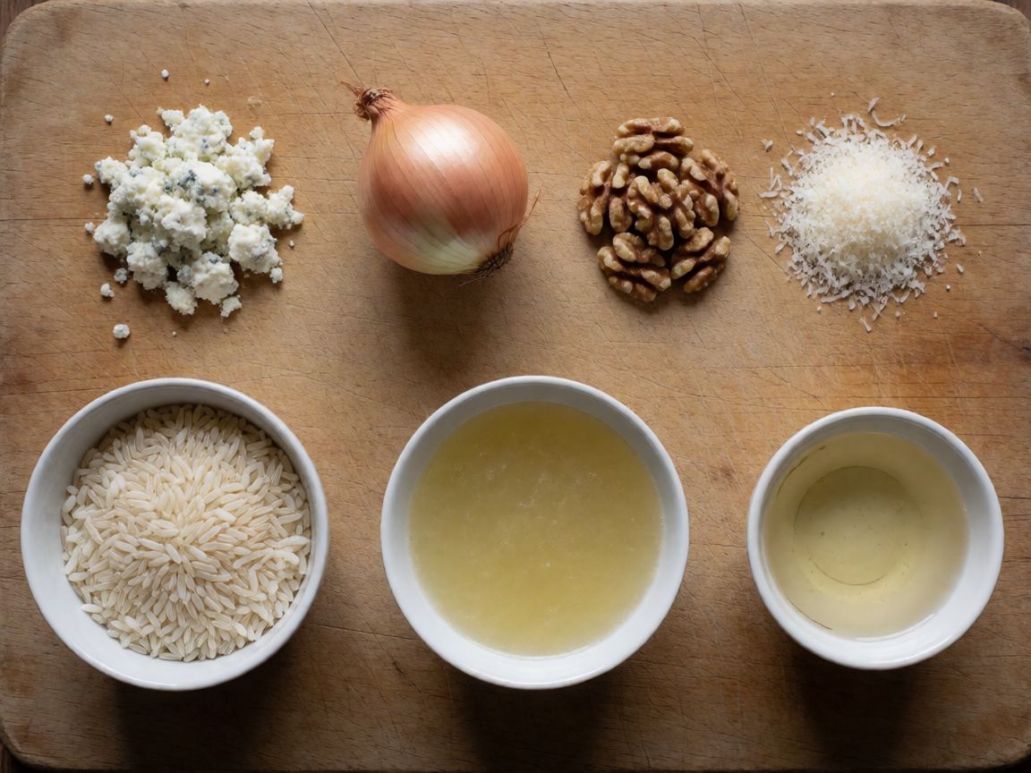 Risotto med gorgonzola og valnødder — ingredienser: Gorgonzola med mascarpone, Løg, Valnød, Olivenolie, Salt, Hvid peber