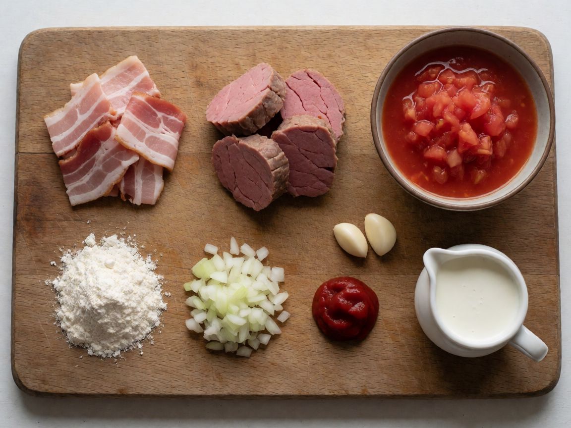Pasta with Pork in Tomato and Cream Sauce — ingredients: Bacon, Pork tenderloin, Plain flour, Onion, Garlic, Canned chopped