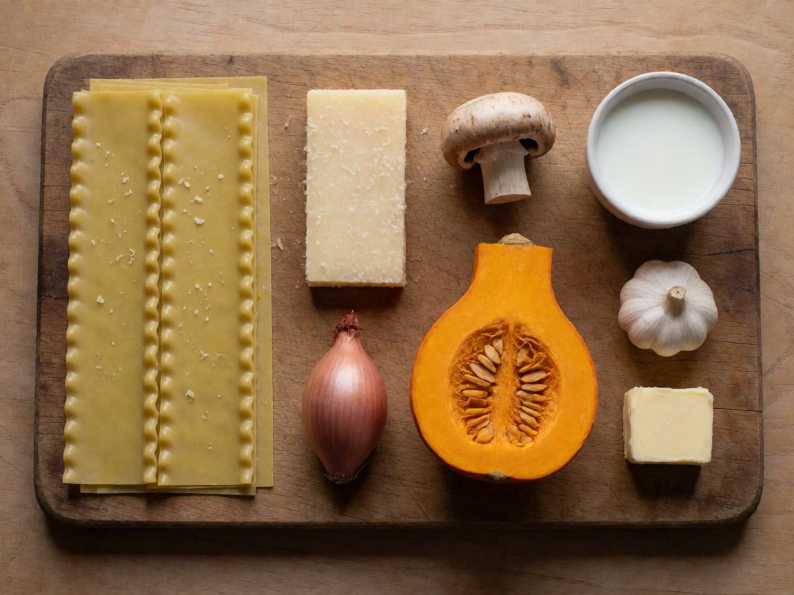 Lasagne with Pumpkin and Mushrooms — ingredients: Lasagne sheets, Parmesan, Olive oil, Mushrooms, Shallot, Garlic