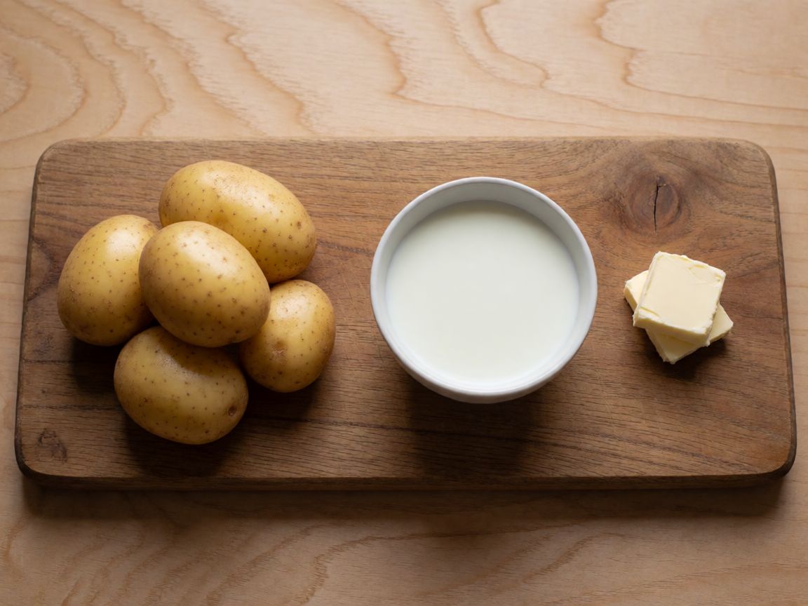 Телешки гулаш с картофено пюре — Картофено пюре (продукти): Картофи, Мляко, Масло, Сол, Черен пипер