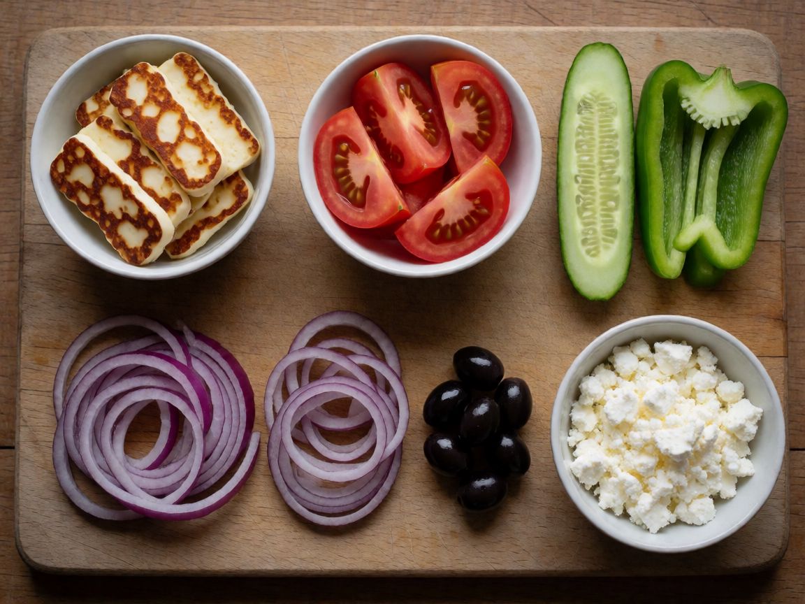 Greek Vegetarian Bowl with Vegetable Fritters — To Serve (ingredients): Halloumi, Tomato, Cucumber, Bell pepper, Red onion
