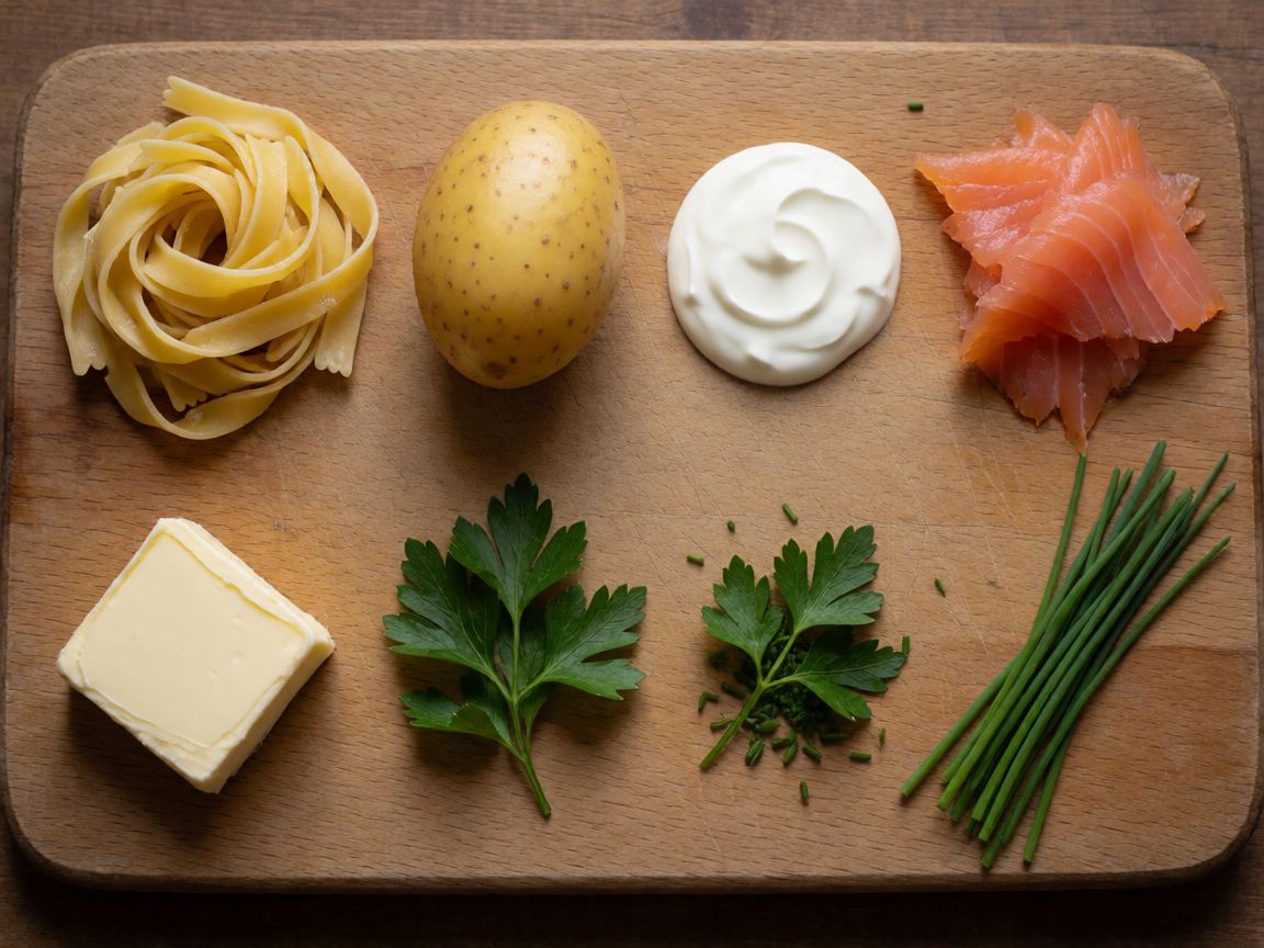 Spaghetti mit Lachs und Sauerrahm — zutaten: Spaghetti, Kartoffel, Butter, Sauerrahm, Räucherlachs, Salz