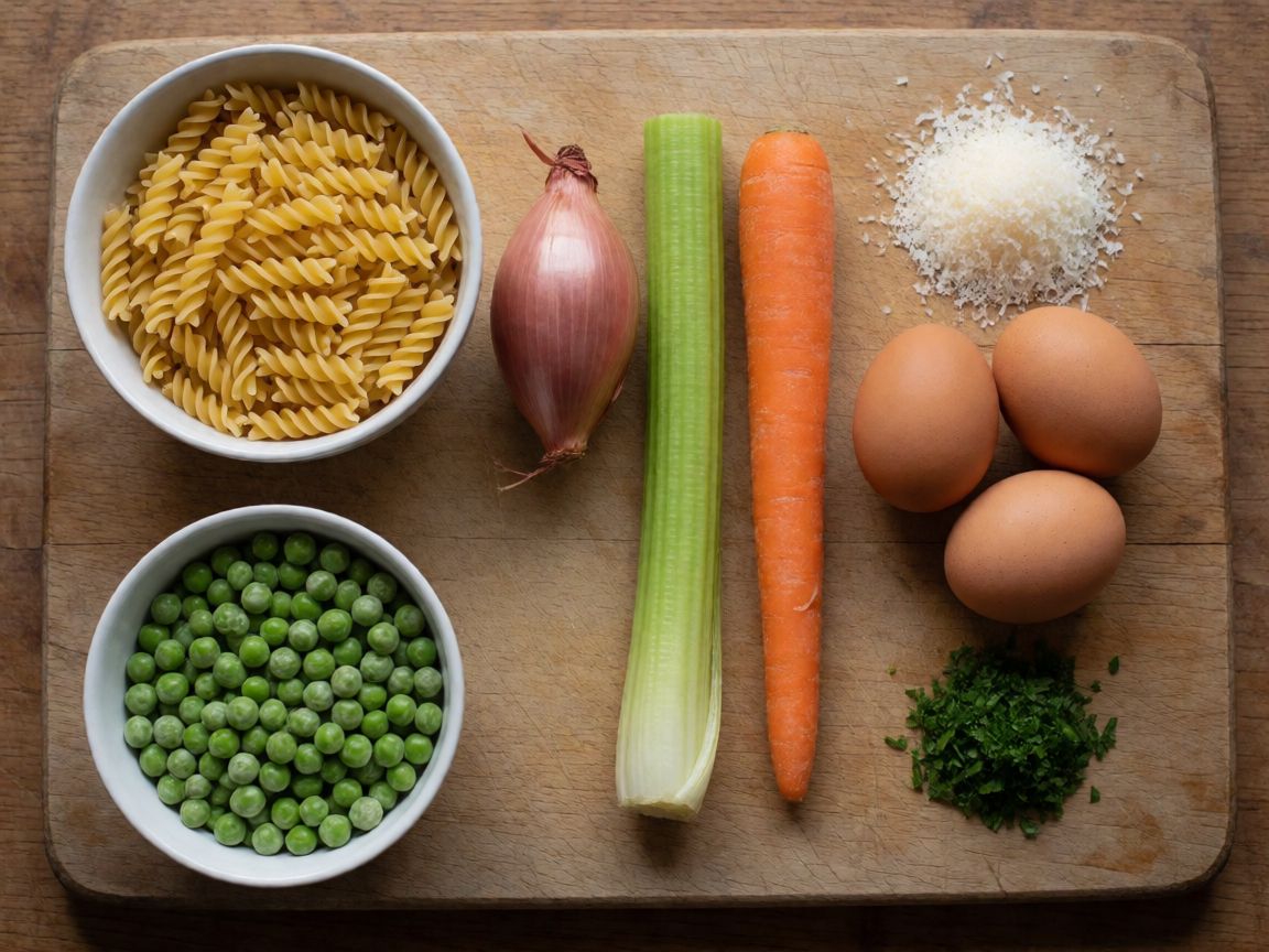 Jarní carbonara s fusilli — ingredience: Fusilli, Olivový olej, Šalotka, Řapíkatý celer, Mrkev, Vejce