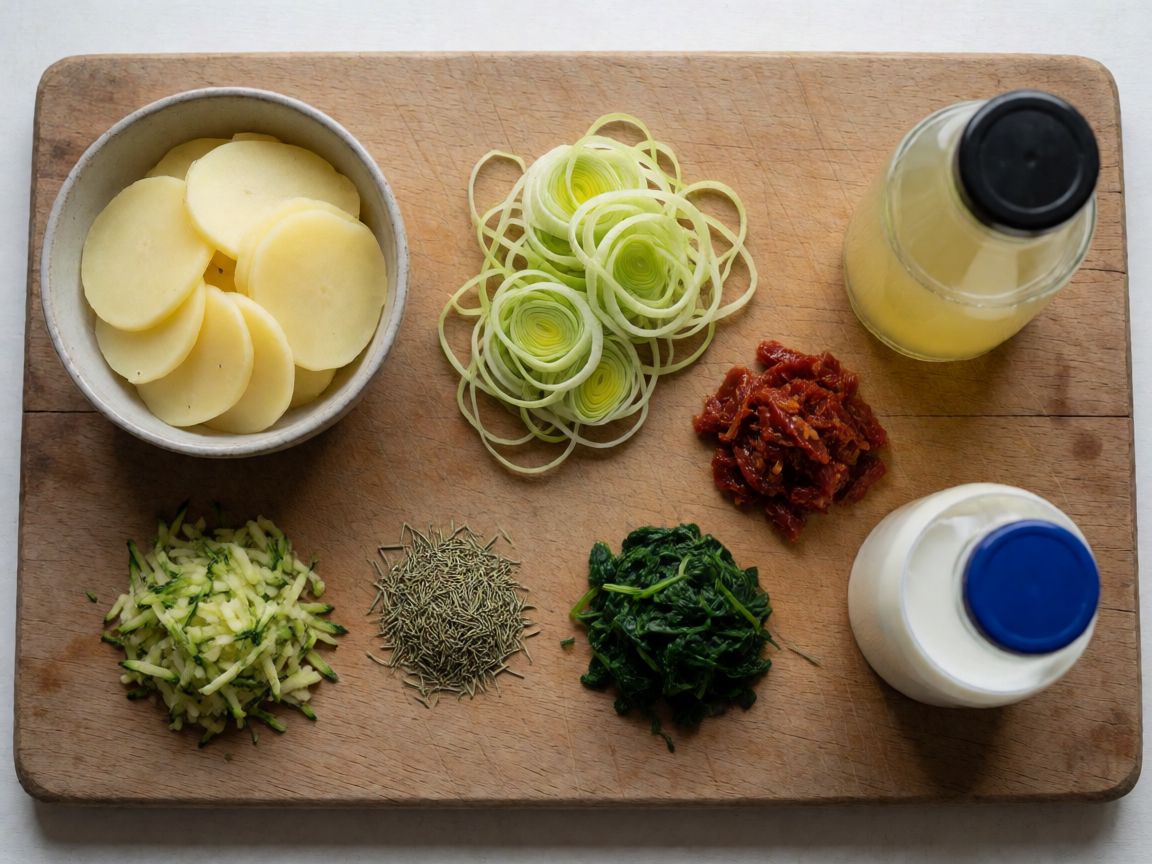 Bacon Roulades with Potato and Vegetable Bake — ingredients: Potato, Leek, Sun-dried tomatoes, Courgette, Dried rosemary