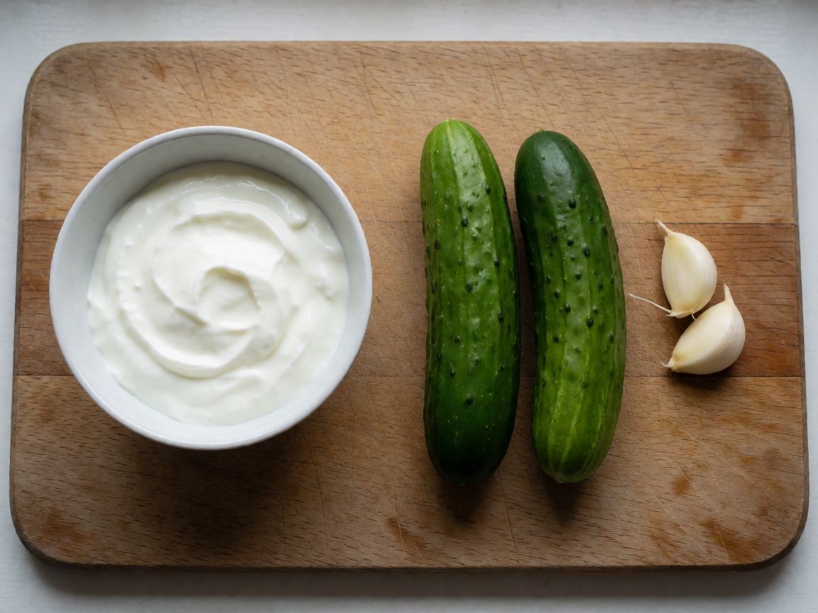 Greek Vegetarian Bowl with Vegetable Fritters — Tzatziki (ingredients): Greek yogurt, Cucumber, Garlic, Olive oil, Salt