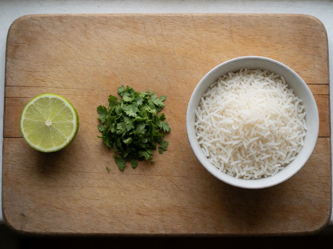 Curri indi de pollastre — per servir (ingredients): Llima, Coriandre, Arròs basmati
