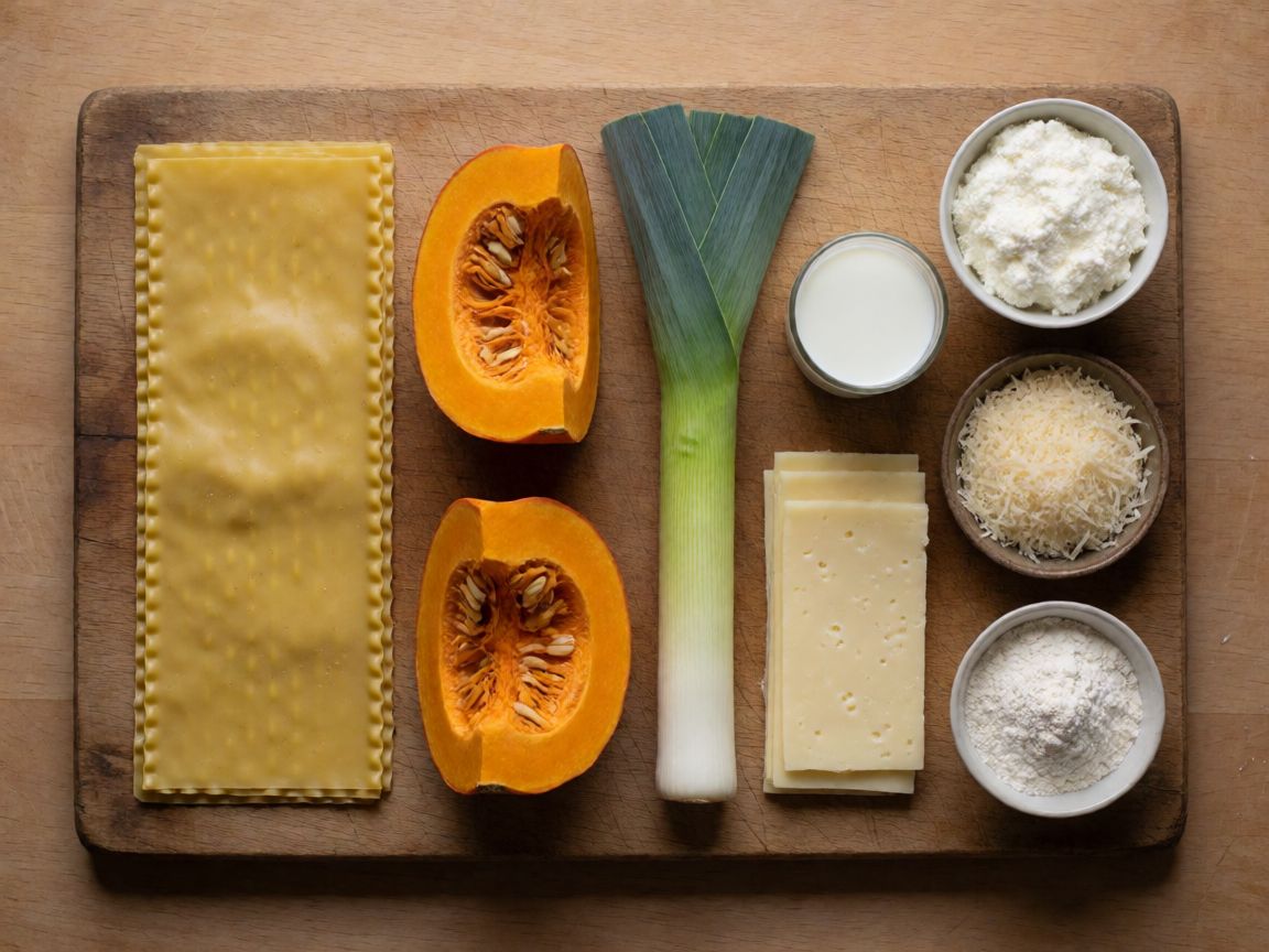 Pumpkin and Ricotta Lasagne — ingredients: Lasagne sheets, Pumpkin, Leek, Ricotta, Provolone, Parmesan