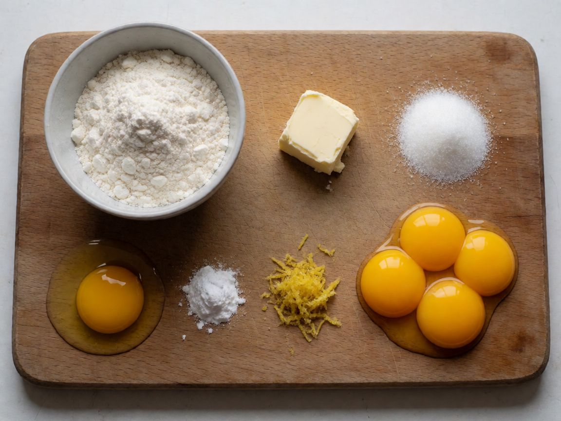 Lemon Meringue Tart — ingredients: Plain flour, Butter, Caster sugar, Egg yolks, Egg, Baking powder