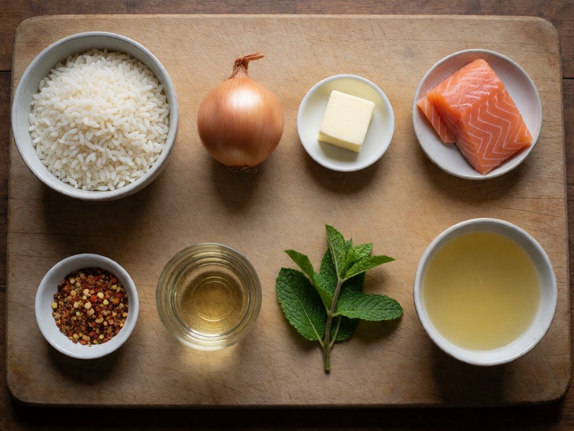 Risotto de salmó, carbassó i menta — ingredients: Arròs per a risotto, Ceba, Oli d'oliva, Mantega, Salmó, Sal
