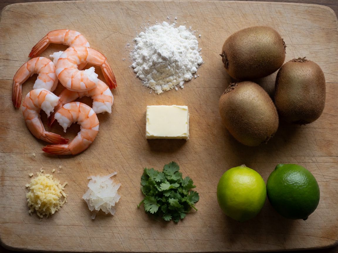 Shortcrust Tartlets with Kiwi, Prawns and Crispy Onion — ingredients: Prawns, Plain Flour, Butter, Water, Kiwi, Ginger