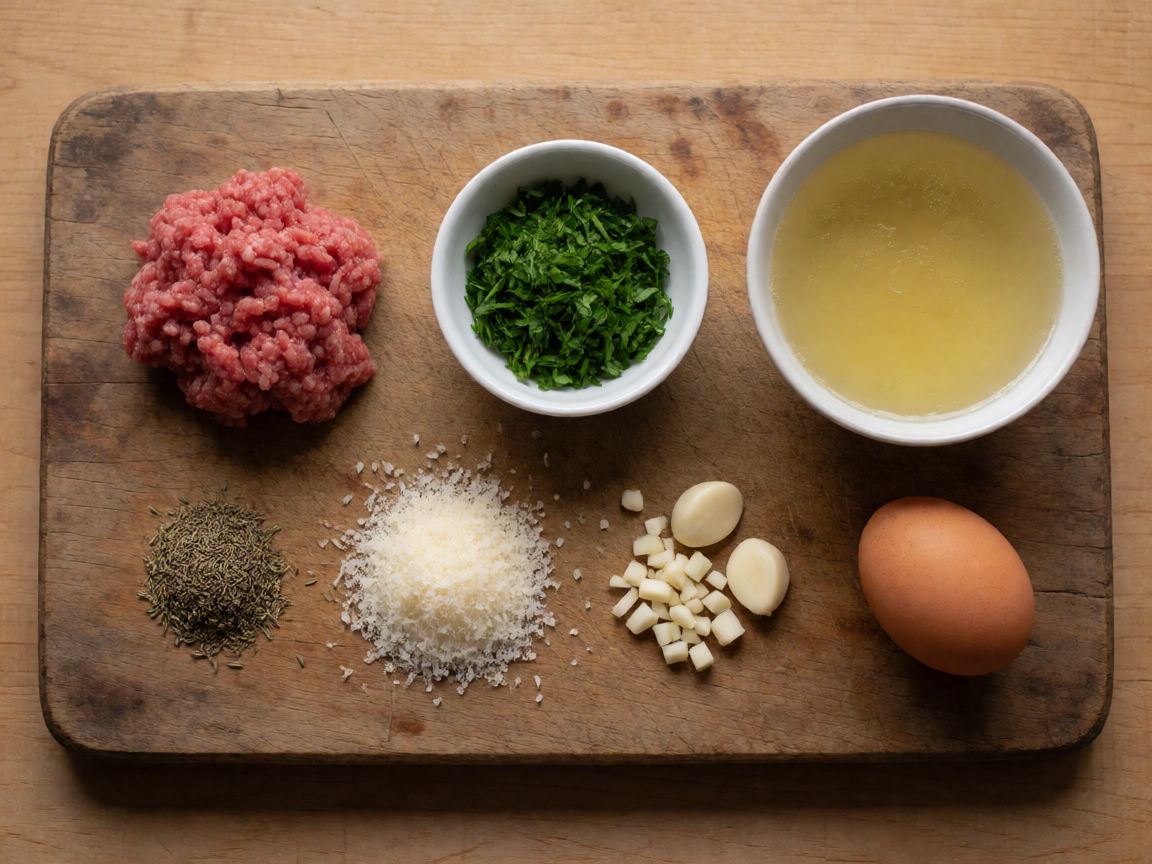 Spaghetti in Tomato Sauce with Meatballs — Meatballs (ingredients): Minced Beef, Parsley, Dried Thyme, Parmesan, Garlic, Eggs