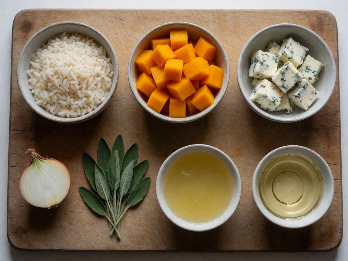 Risotto de carbassa i gorgonzola — ingredients: Arròs per a risotto, Carbassa, Gorgonzola dolce, Brou de verdures, Vi blanc