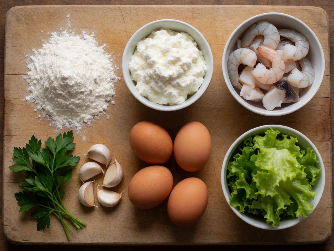 Равіолі з морепродуктами — інгредієнти: Борошно, Яйця, Сіль, Рікота, Креветки, Морський чорт