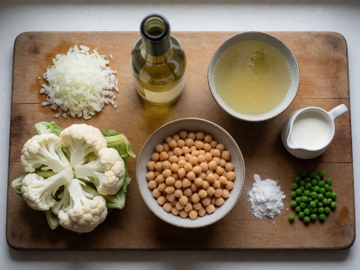 Cauliflower and Chickpeas in Cream Sauce with Dill — ingredients: Onion, White wine, Stock, Cauliflower, Chickpeas, Whipping