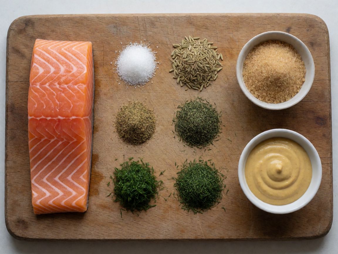 Home-Cured Salmon with Mustard and Dill Sauce — ingredients: Salmon, Salt, Sugar, Black pepper, Fennel seeds, Ground