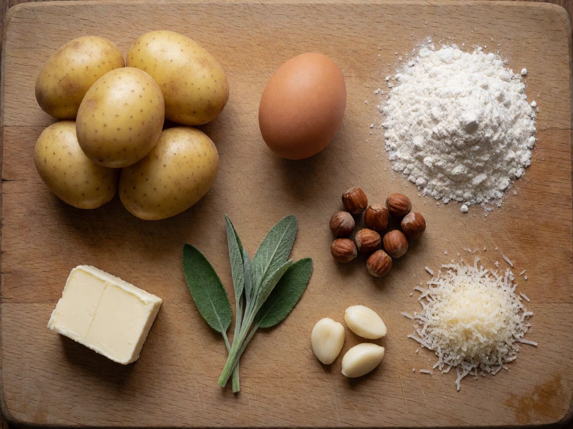 Запържени ньоки с градински чай и лешници — продукти: Картофи, Яйца, Брашно от твърда пшеница (дурум), Сол, Зехтин, Лешници