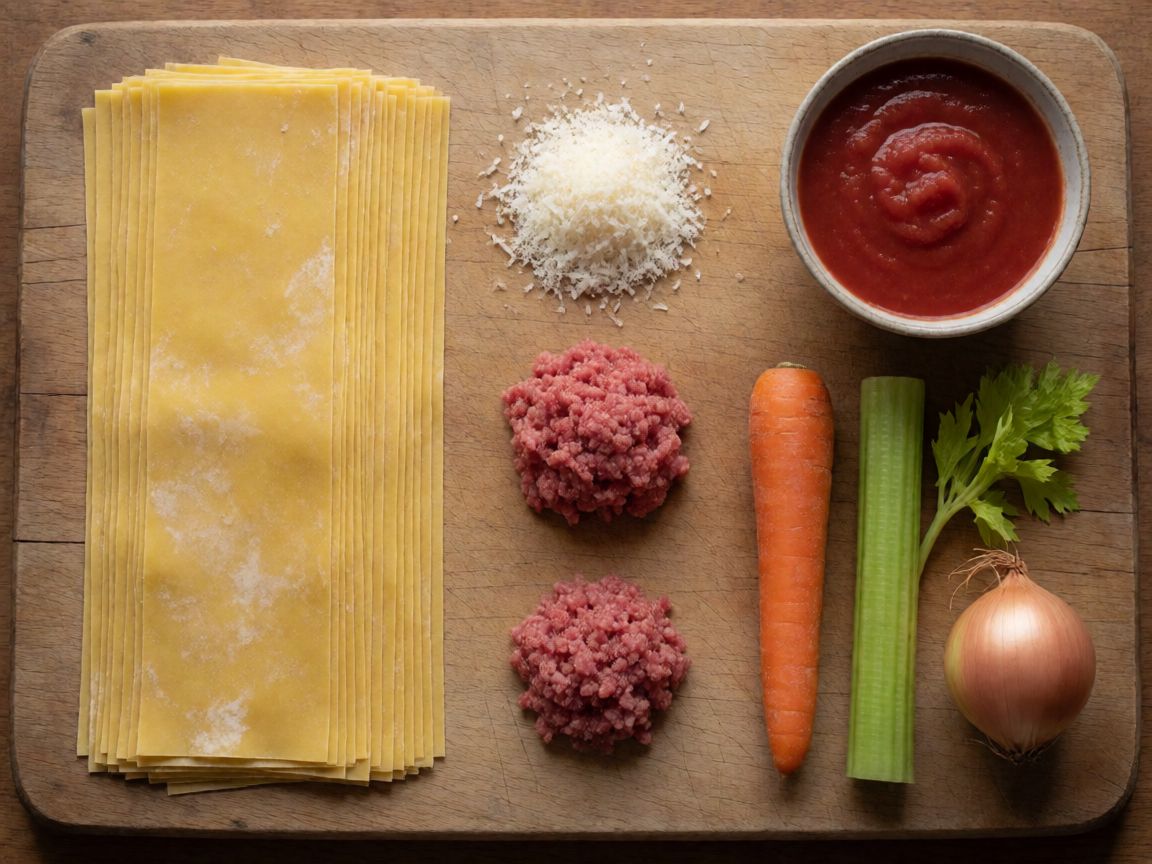 Beef Lasagne Bolognese — ingredients: fresh spinach lasagne sheets, Parmesan, Beef mince, Pork mince, Tomato passata, Carrot