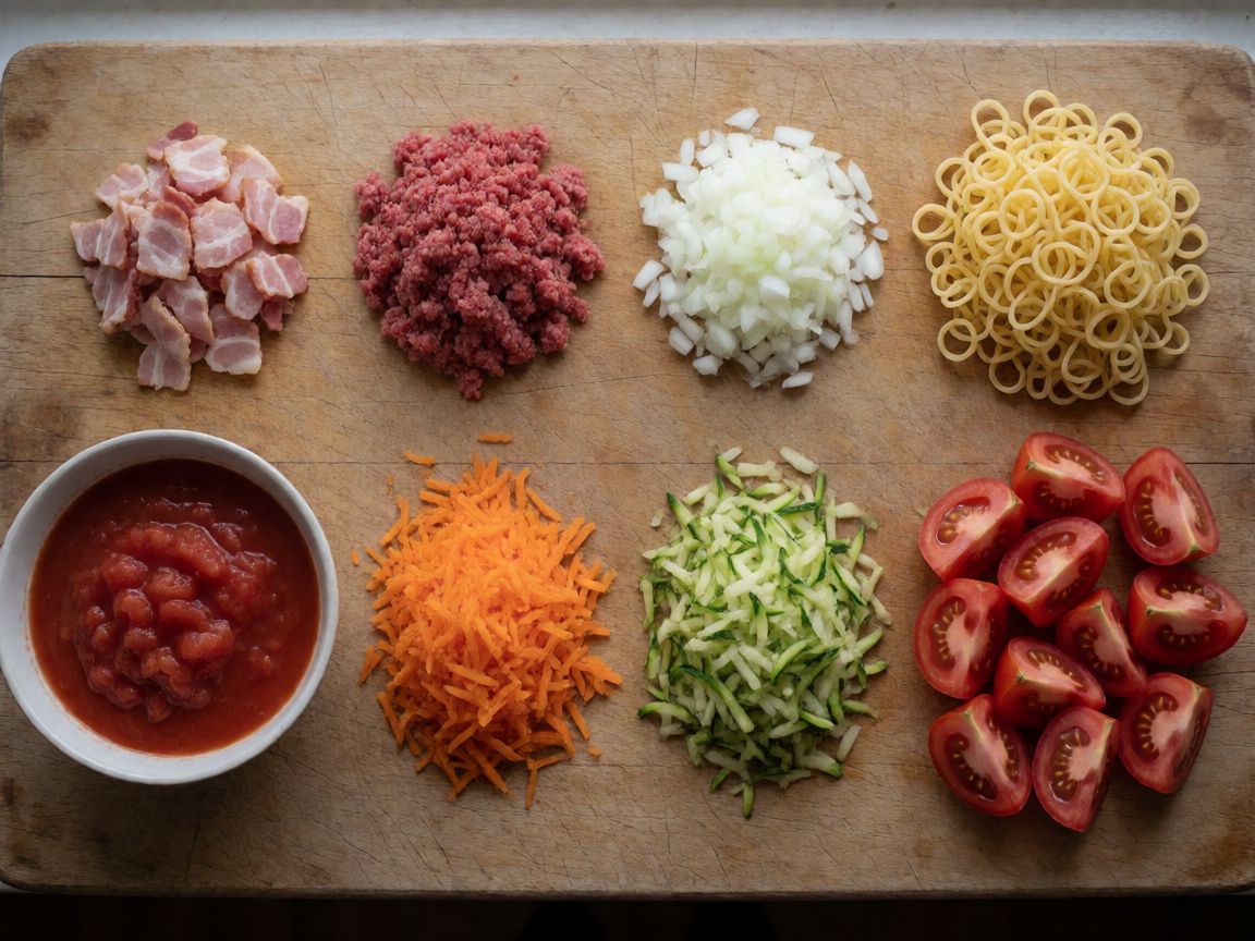 One-Pot Pasta with Meat Sauce — ingredients: Bacon, Beef mince, Pasta, Onion, Tinned chopped tomatoes, Carrot