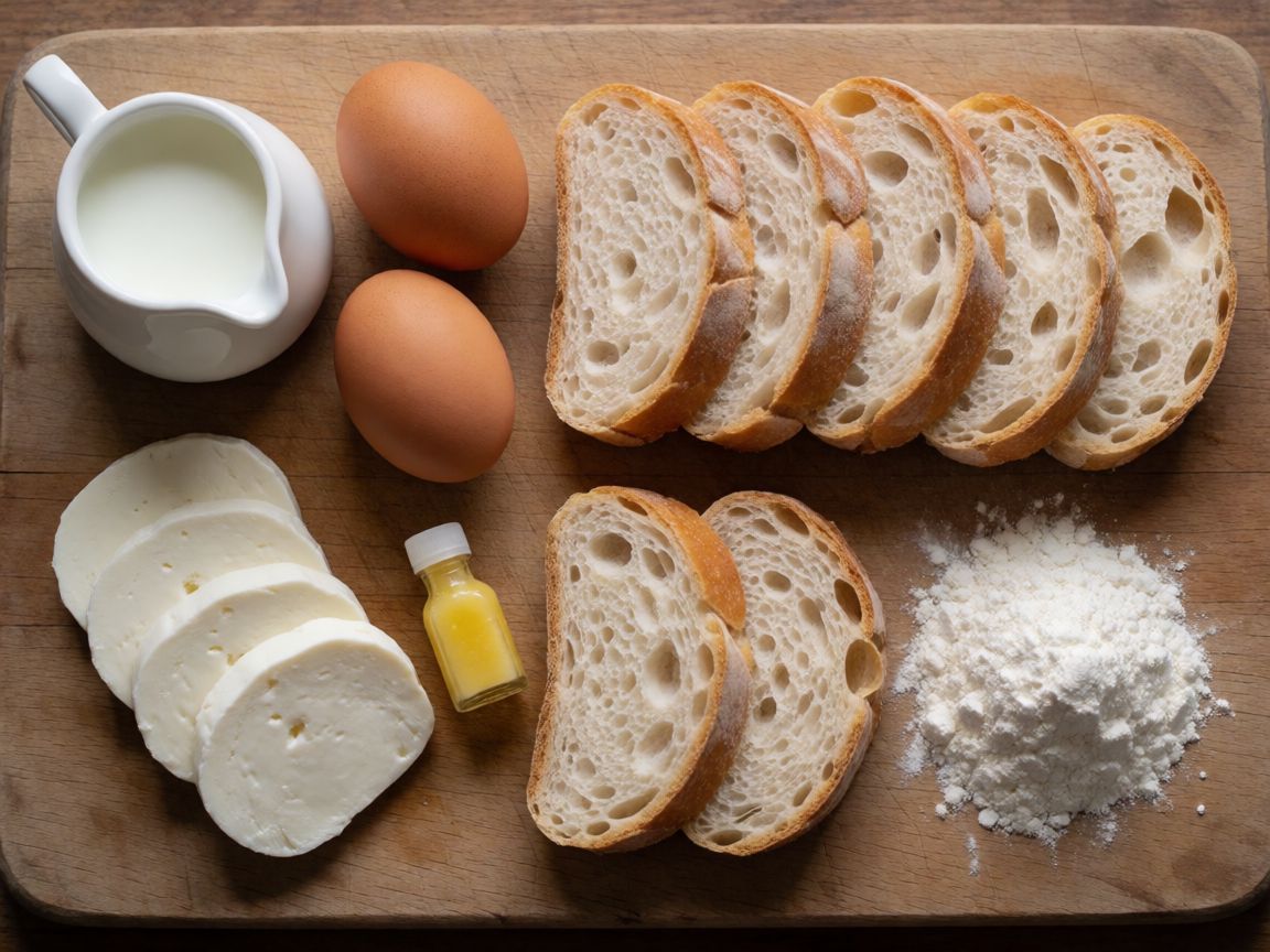 Mozzarella in carrozza — інгредієнти: Хліб, Яйця, Молоко, Моцарела, Борошно, Сіль