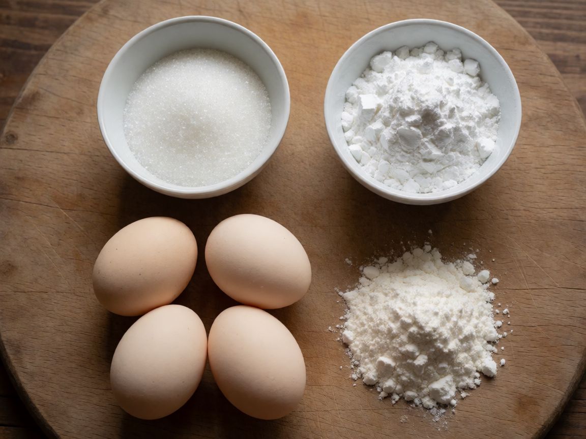 Vysoký a nadýchaný piškot (bez prášku do pečiva) — ingredience: Vejce, Cukr, Bramborový škrob, Hladká mouka
