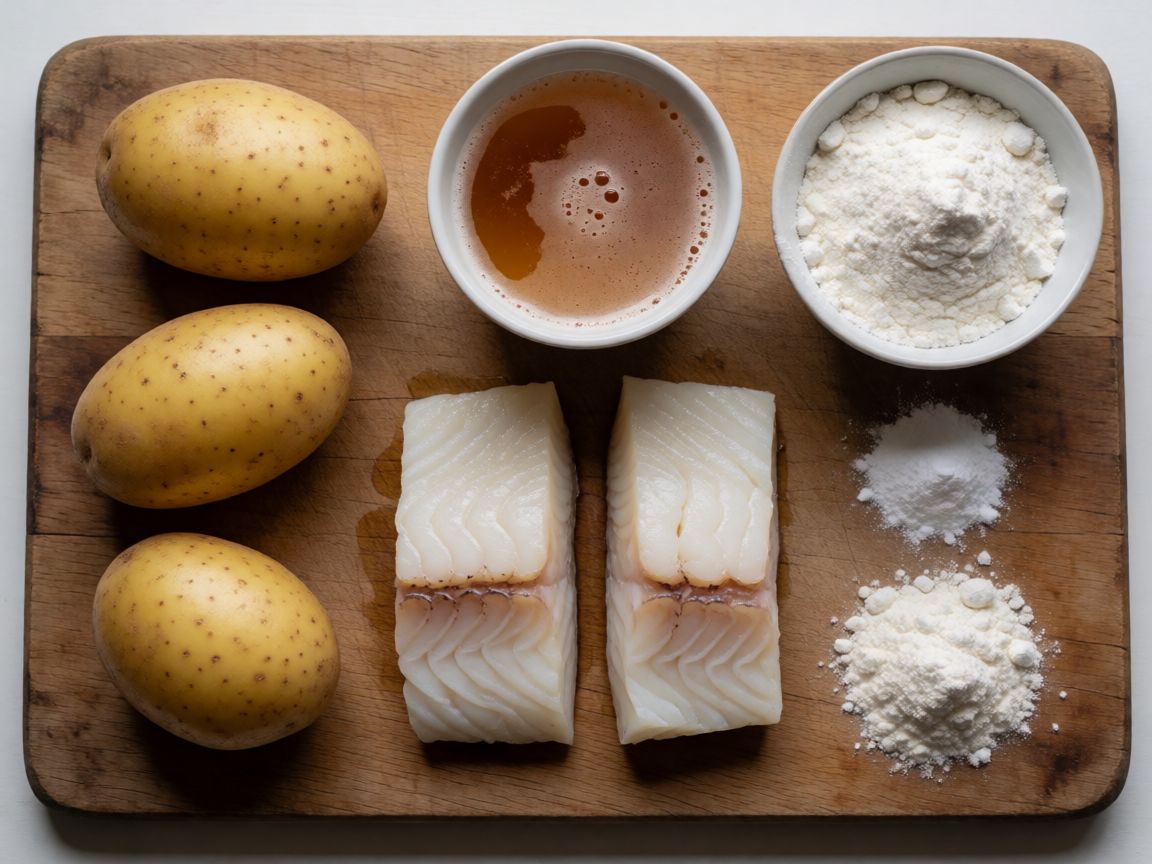 Fish and Chips with Tartare Sauce — ingredients: Potatoes, Olive oil, Salt, Cod, Beer, Plain flour