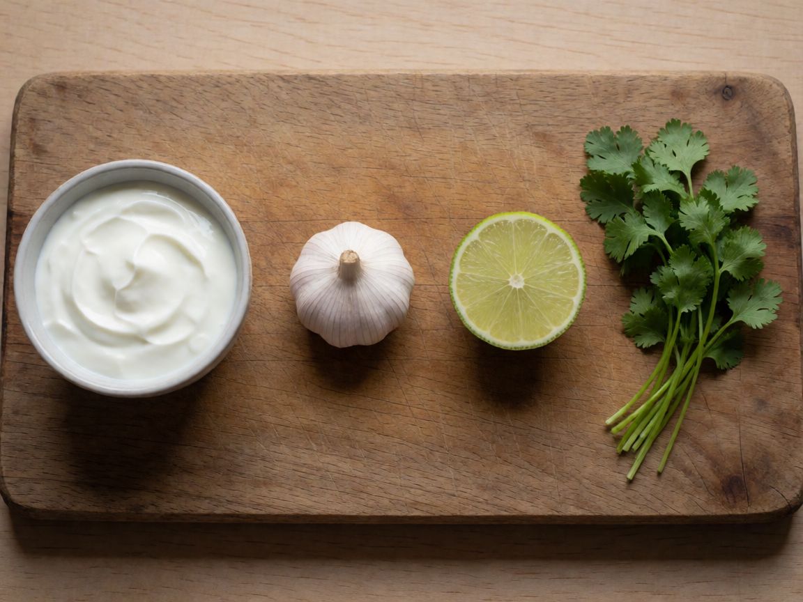 Pita farcida amb carn especiada i amanida de búlgur — Salsa de iogurt (ingredients): Iogurt grec, All, Llima, Coriandre, Sal