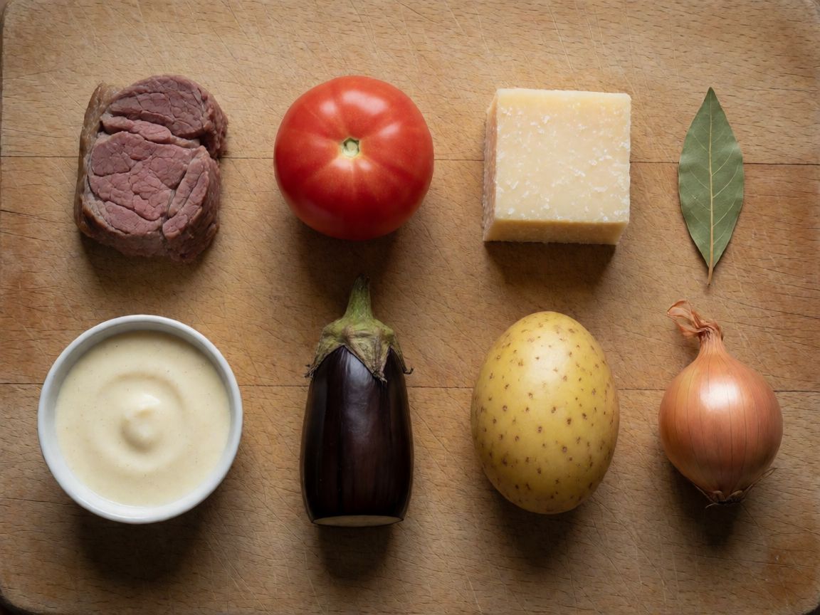 Greek Moussaka — ingredients: Lamb, Tomato, Béchamel sauce, Parmesan, Aubergine, Potato