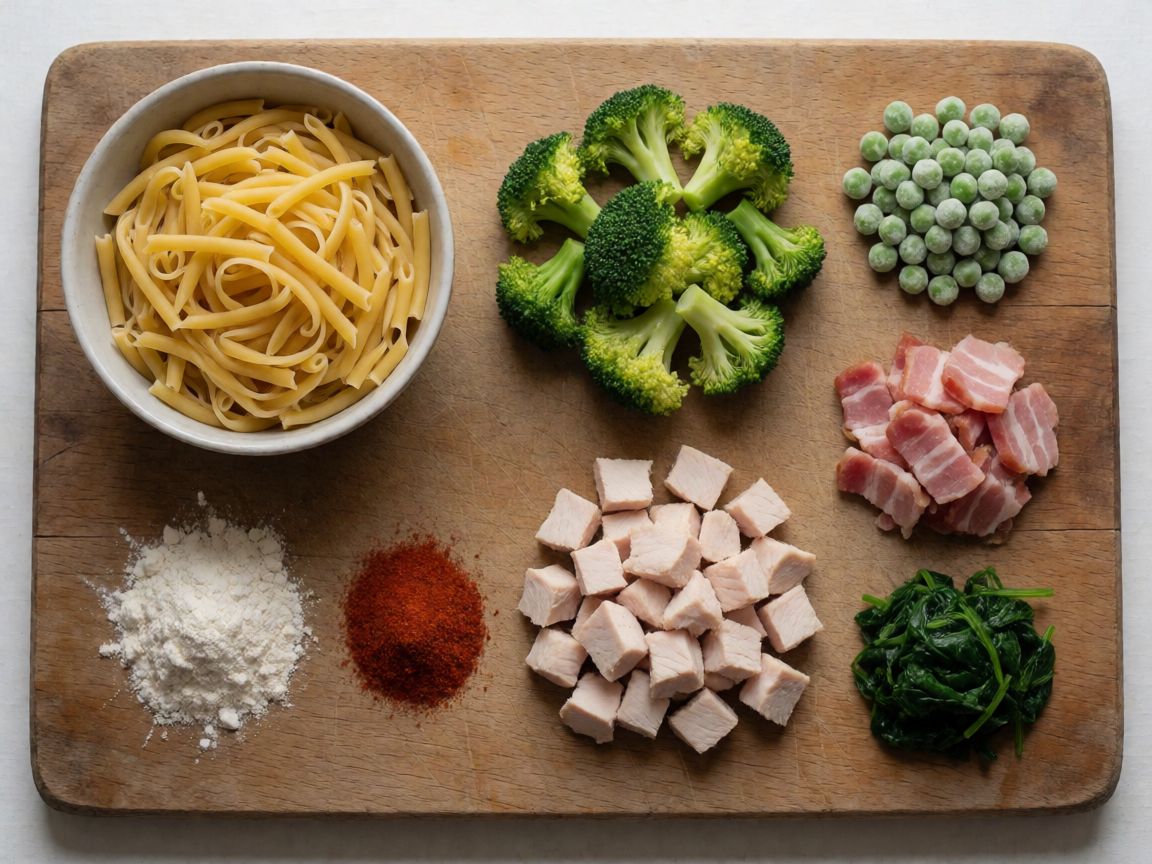 Pasta Salad with Chicken and Curry Dressing — ingredients: Pasta, Broccoli, Peas, Bacon, Chicken breast, Plain flour