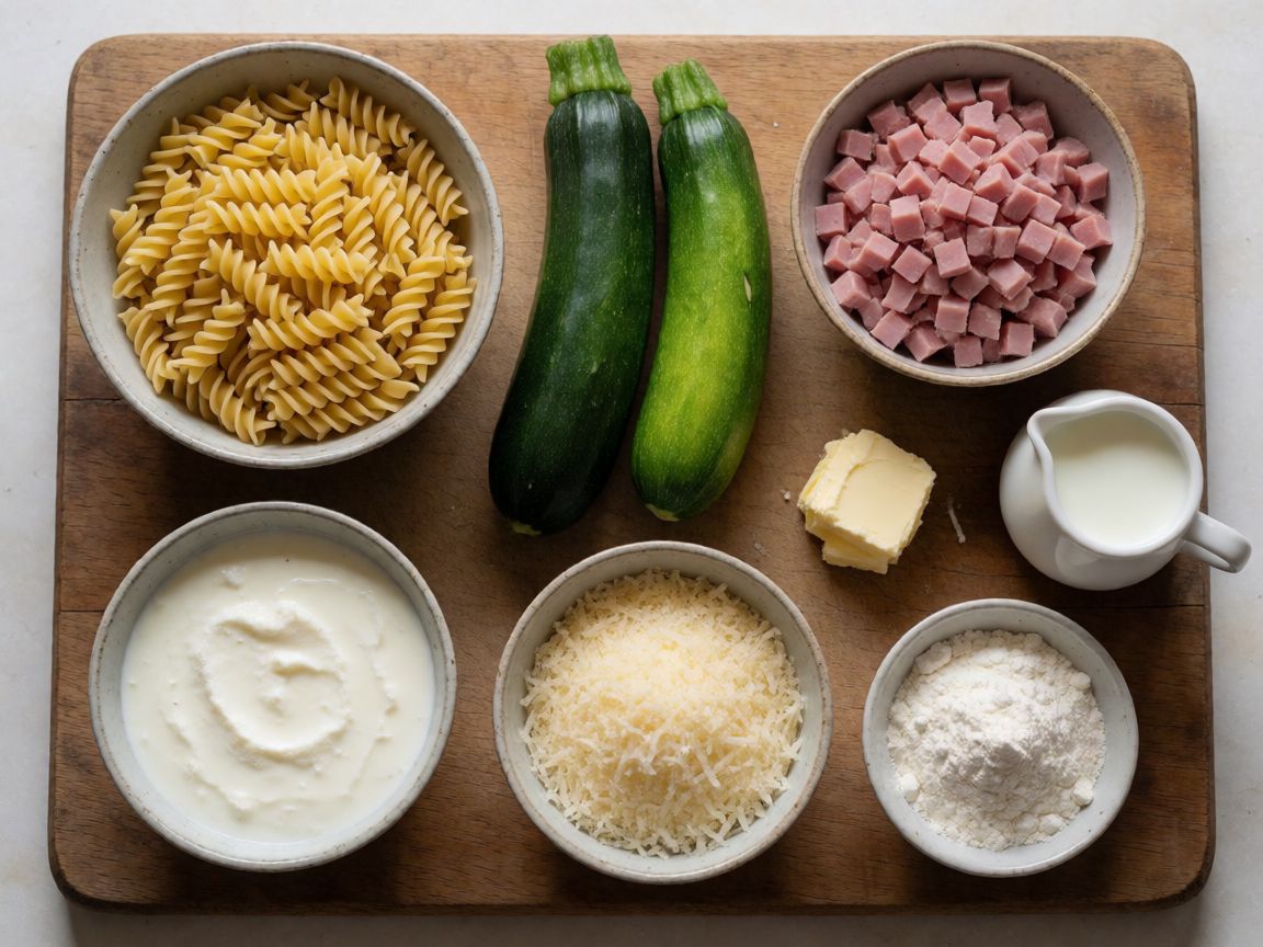Creamy Baked Pasta with Courgette and Ham — ingredients: Fusilli, Courgette, Ham, Fior di Latte, Olive oil, Salt