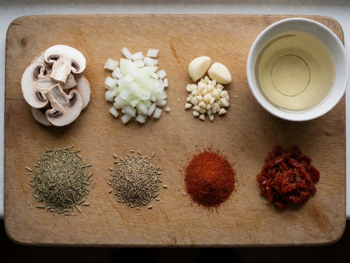 Gnocchi in Mushroom Sauce — ingredients: Mushrooms, Onion, Garlic, dried rosemary, Fennel seeds, smoked paprika