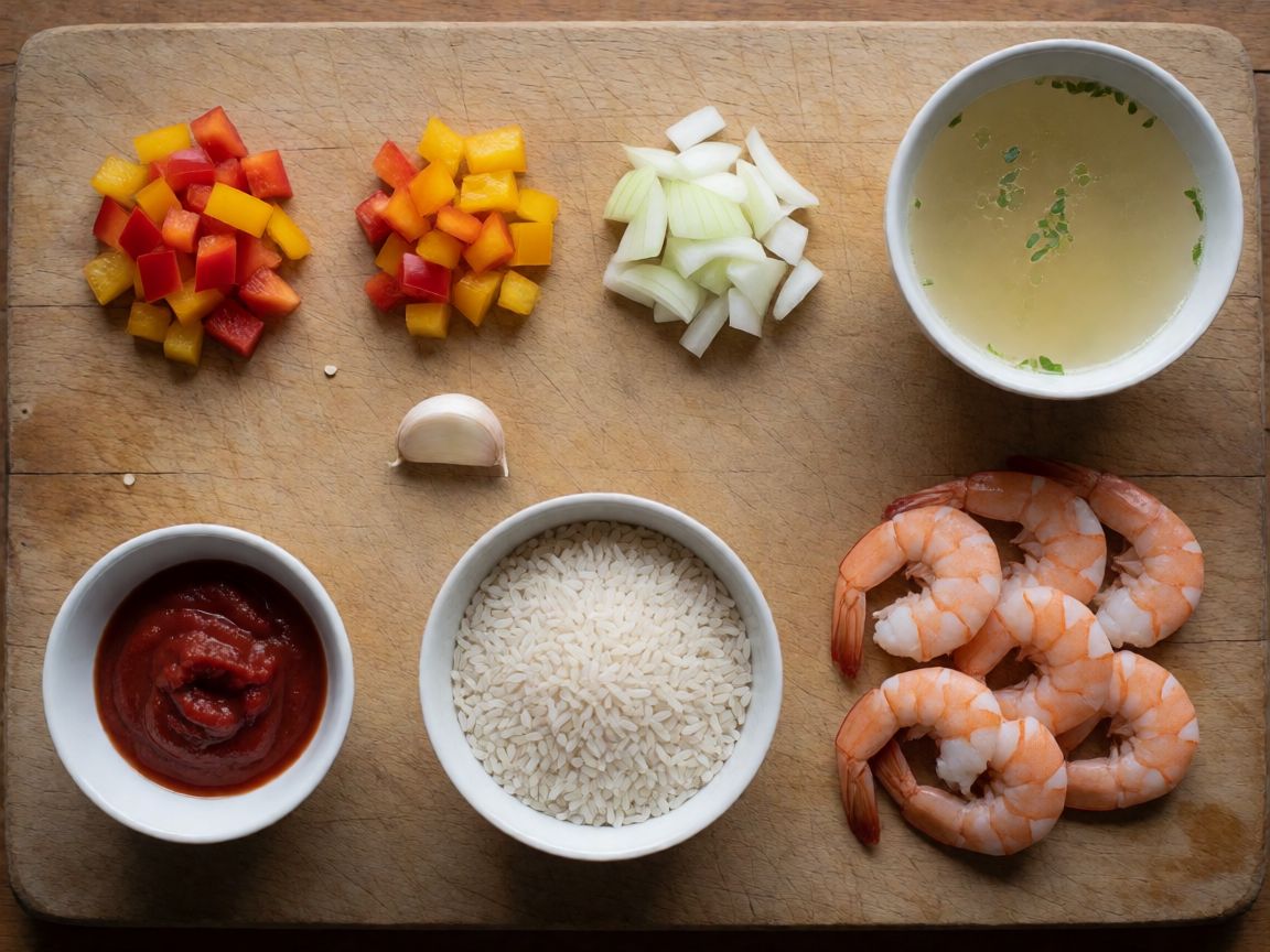 Paella with Meat and Seafood — ingredients: Red pepper, Green pepper, Onion, Garlic, Tomato paste, Bomba rice