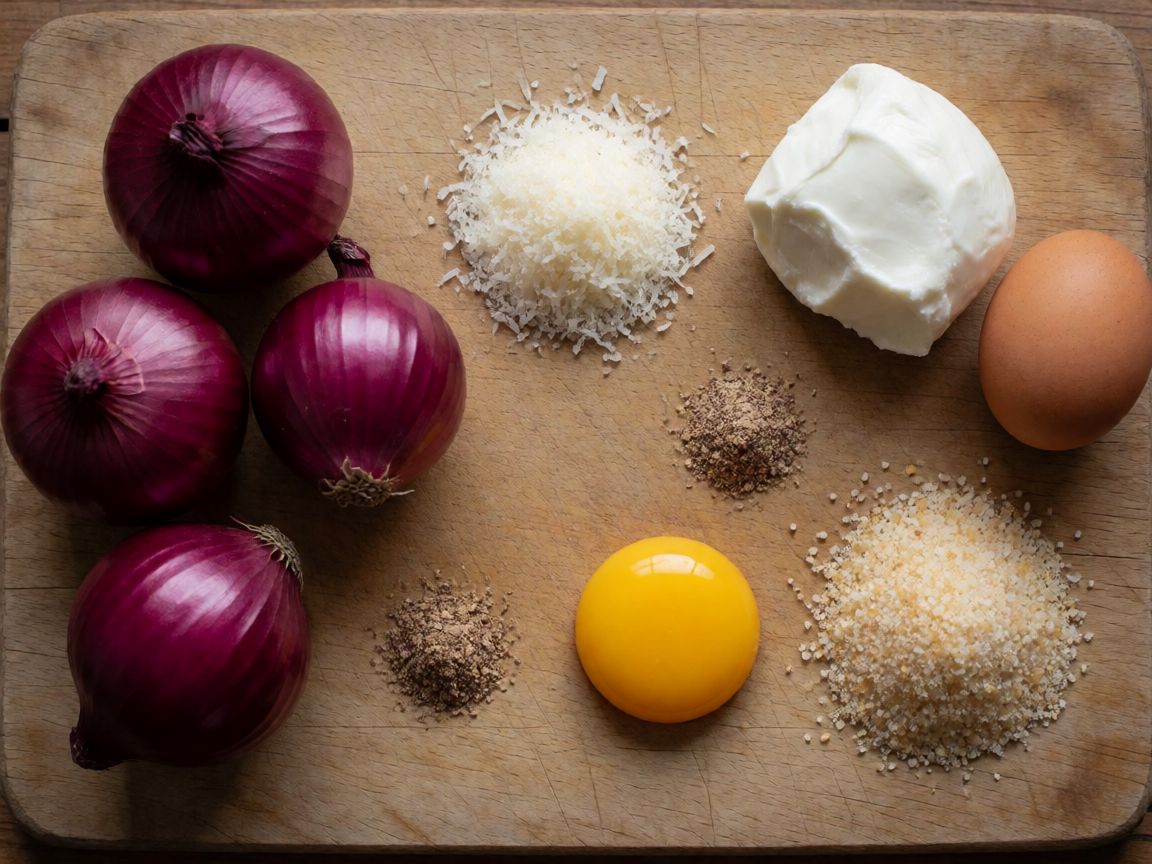 Frittata s červenou cibulí — ingredience: Červená cibule, Parmazán, Mozzarella, Vejce, Vaječný žloutek, Rostlinný olej