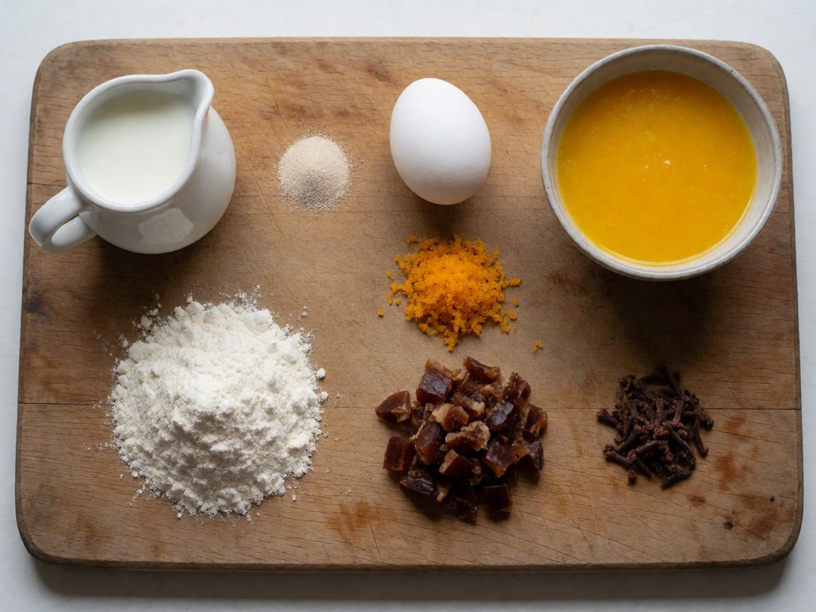 Spiced Christmas Buns with Chocolate — ingredients: Milk, Yeast, Eggs, Orange, Orange juice, Plain flour