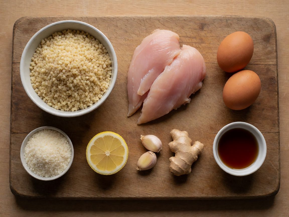 Bulgur Salad with Crispy Chicken Breast — ingredients: Bulgur, Chicken breast, Egg, Panko breadcrumbs, Olive oil, Salt