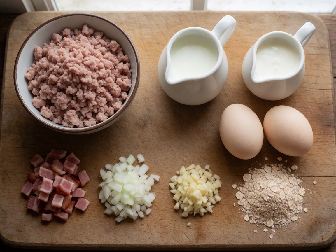 Meatloaf with Roasted Root Vegetables — ingredients: Minced pork, Bacon, Onion, Garlic, Milk, Double cream