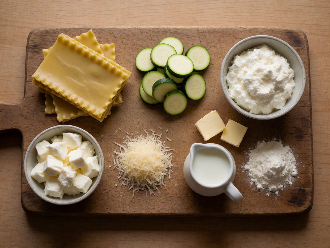 Pesto and Courgette Lasagne — ingredients: Lasagne Sheets, Courgette, Ricotta, Mozzarella, Parmesan, Milk