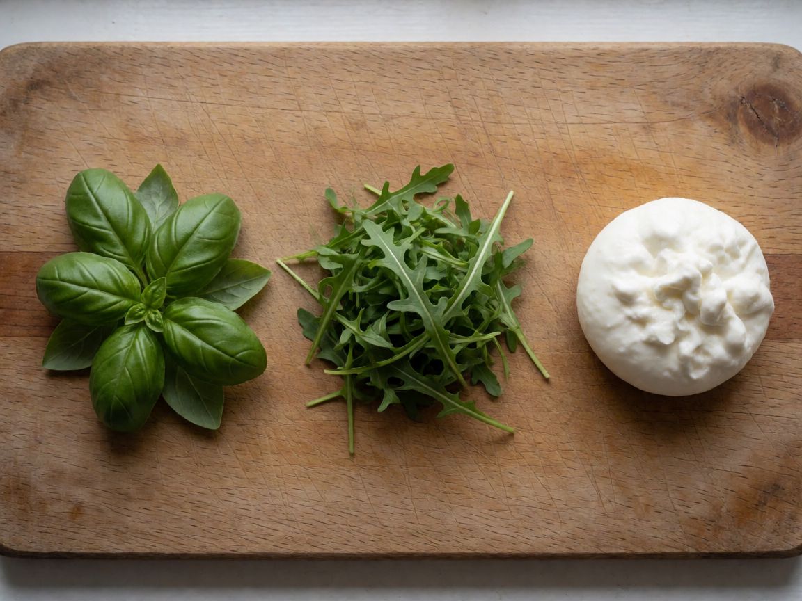 Chickpea Waffles with Roasted Tomatoes and Burrata — To serve (ingredients): Basil, Rocket, Burrata