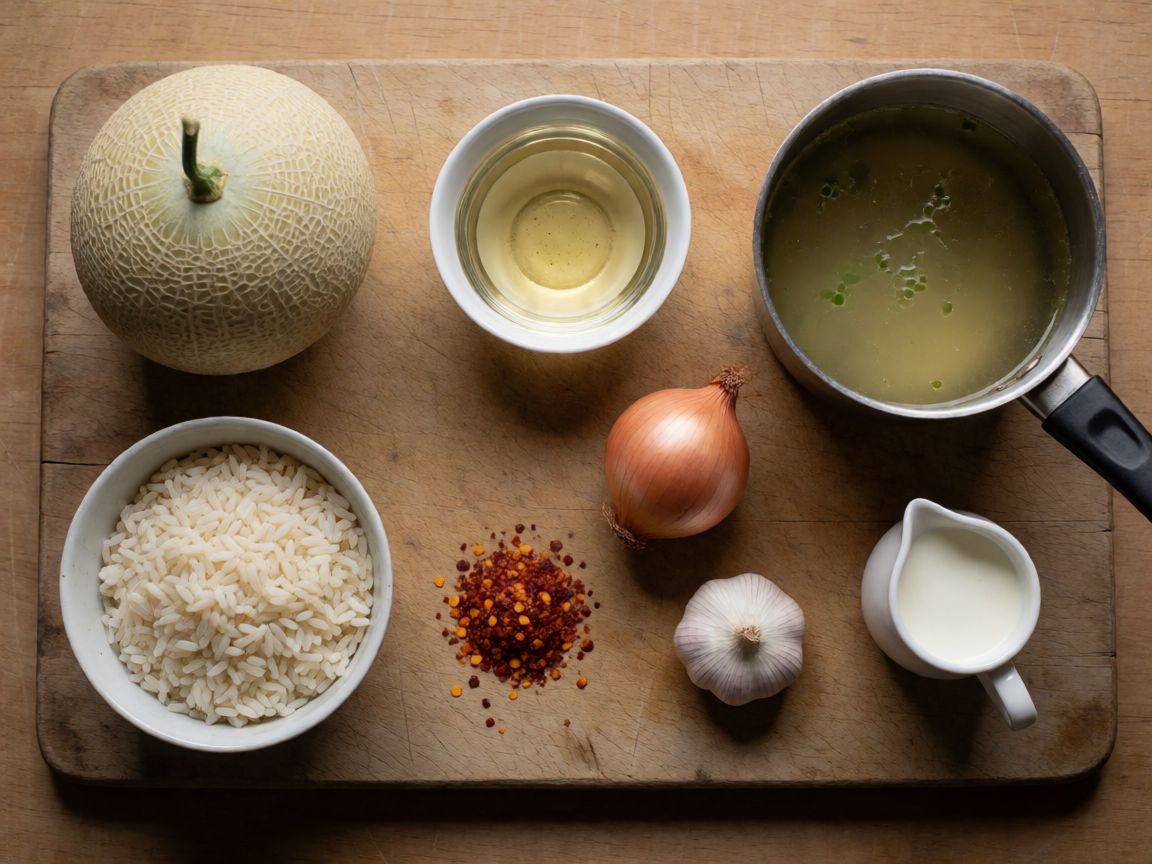 Різото з динею — інгредієнти: Диня, рис для різото, біле вино, пластівці чилі, Цибуля, Часник